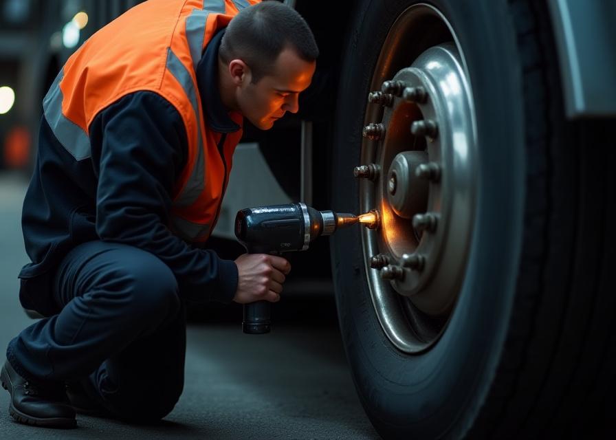 Mechanic using impact wrench to change a semi-truck tire